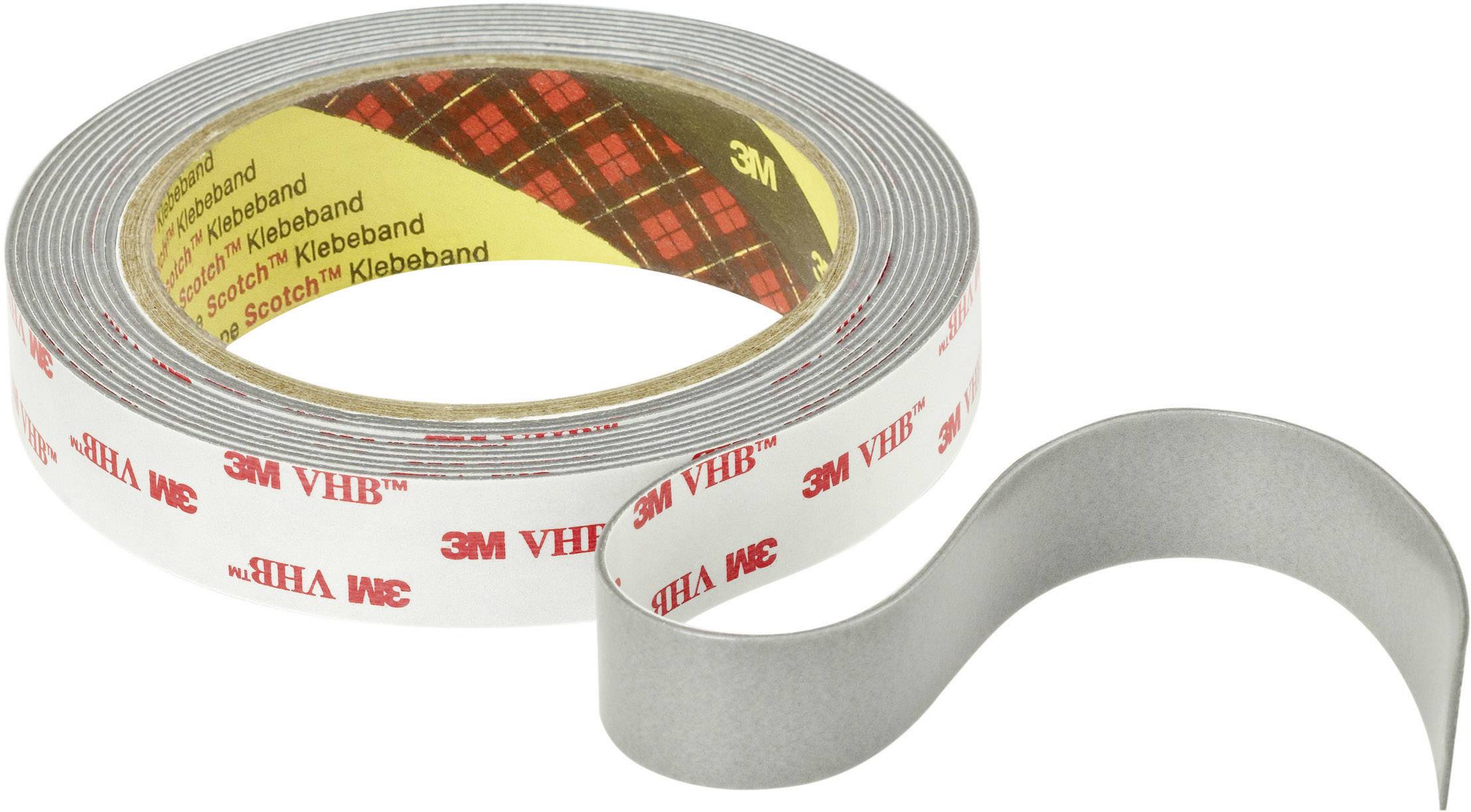 Eine Rolle 3M VHB Klebeband mit einem abgeschnittenen Streifen daneben. Funktioniert als starkes, doppelseitiges Befestigungsband.