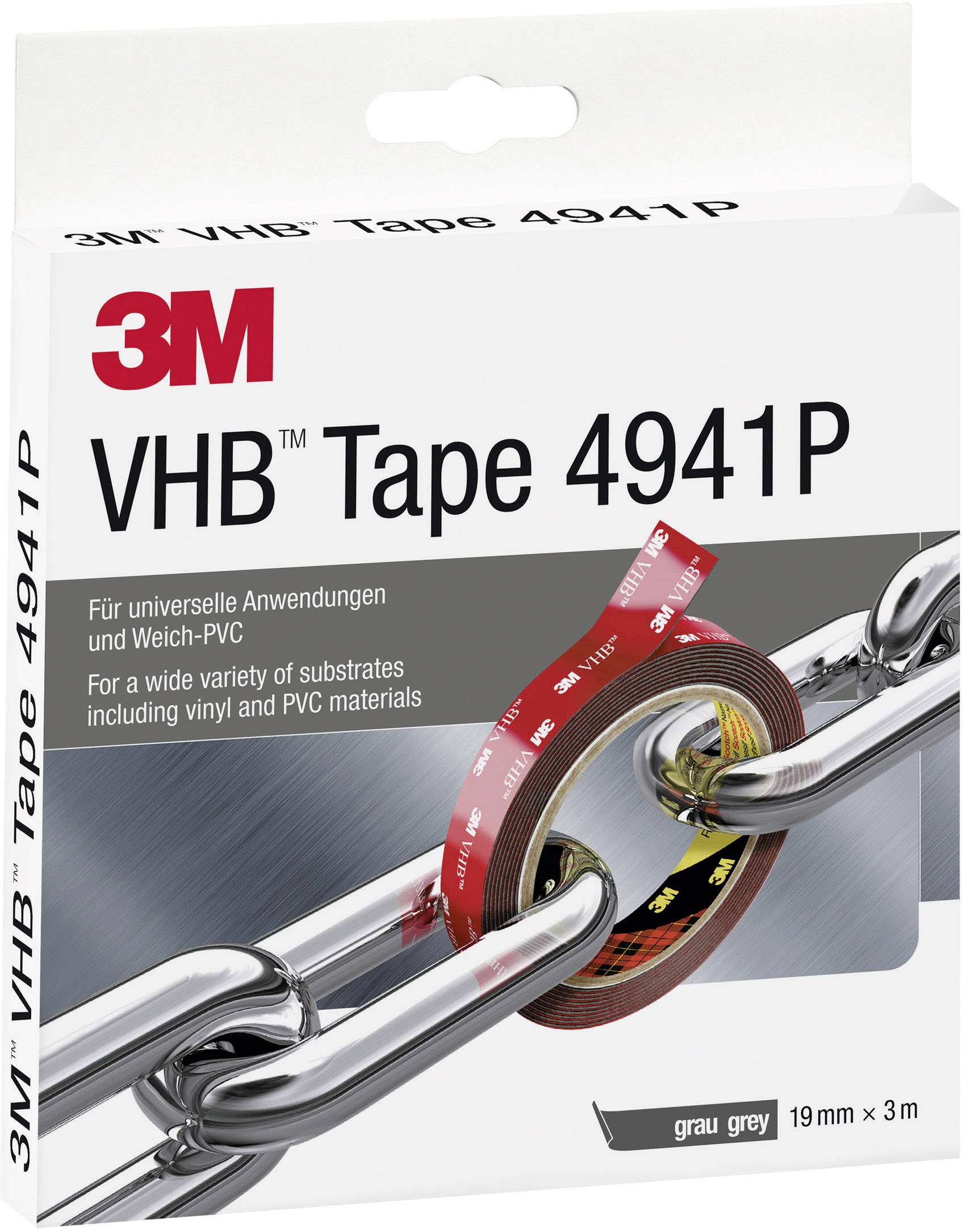'3M VHB Tape 4941P' Verpackung zeigt Klebebandstück, das zwei Kettenglieder verbindet. Geeignet für vielfältige Anwendungen inkl. Vinyl und PVC.