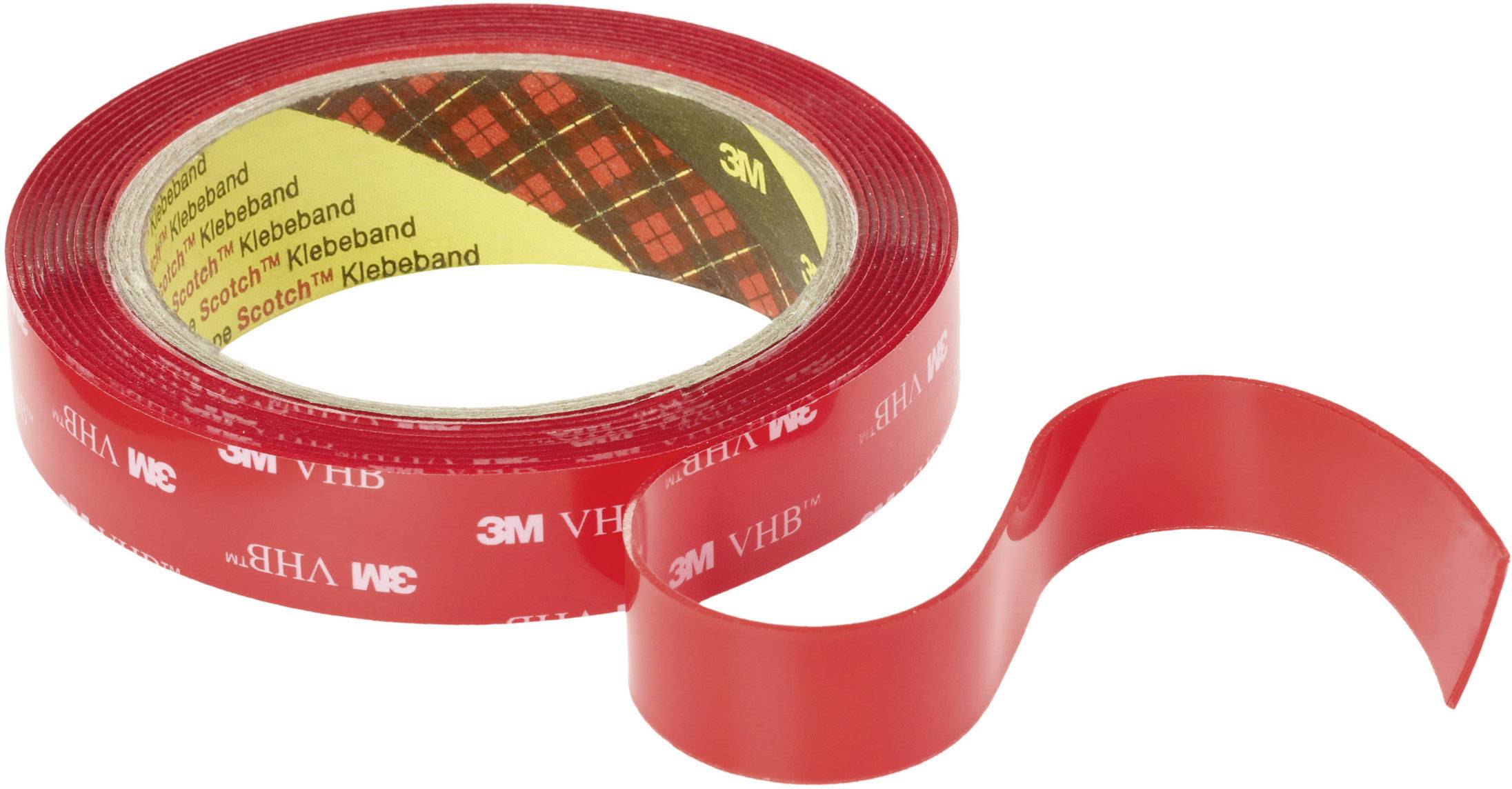 Eine rote Rolle starkes doppelseitiges Klebeband, teilweise abgerollt.