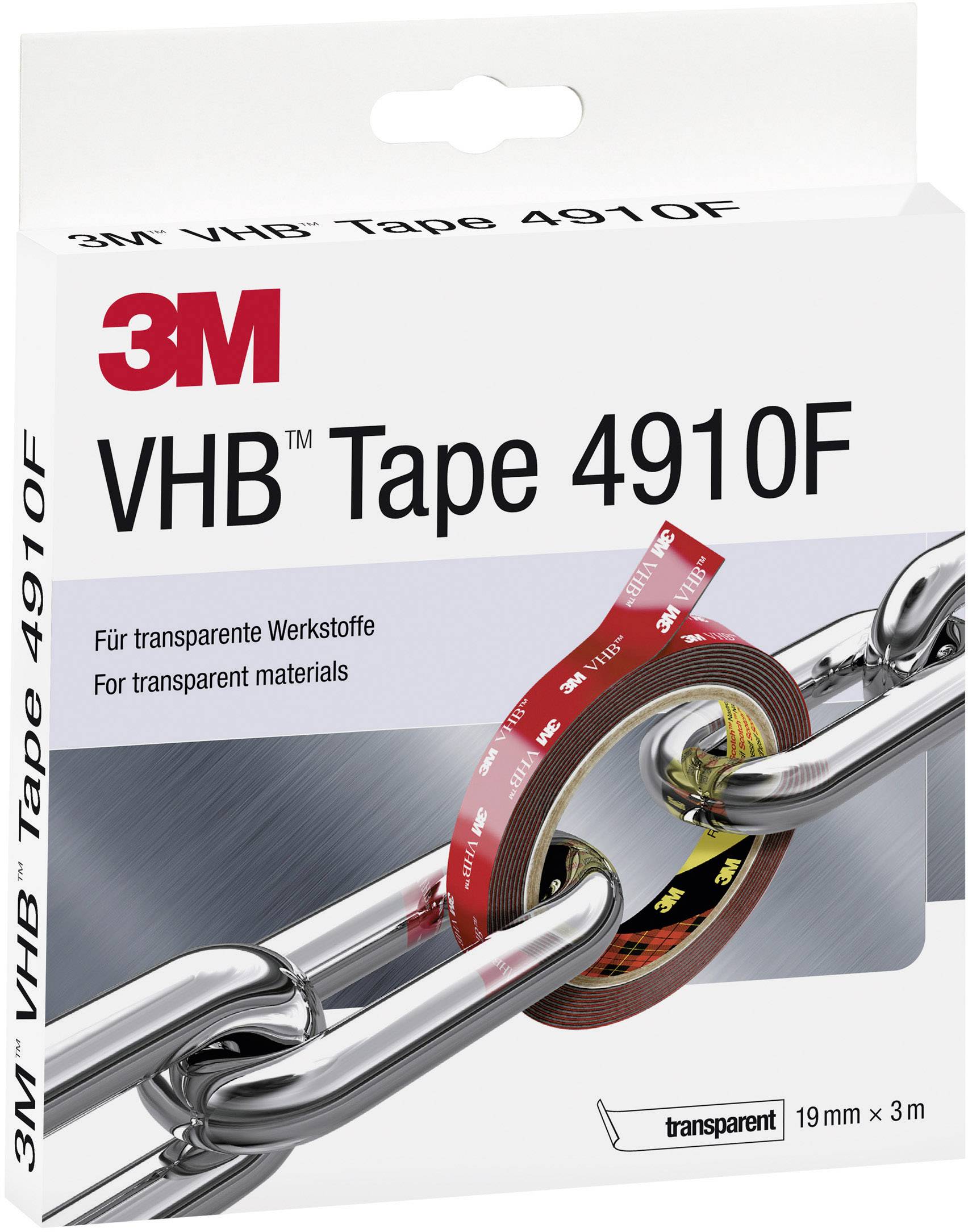 Verpackung von 3M VHB Tape 4910F zeigt das transparente Klebeband, das zwei Metallkettenstücke verbindet. Geeignet für transparente Werkstoffe.