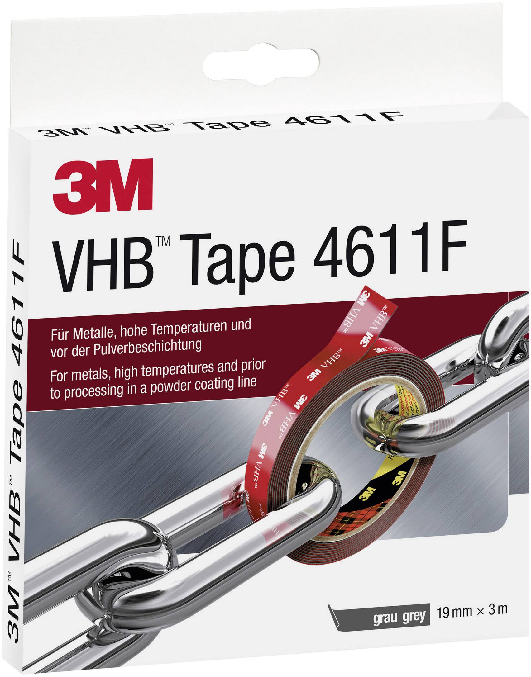 '3M VHB Tape 4611F' Verpackung. Klebeband für Metalle, hohe Temperaturen und vor Pulverbeschichtung, grau, 19mm x 3m. Bild zeigt starke Haftung bei Kettenverbindung.