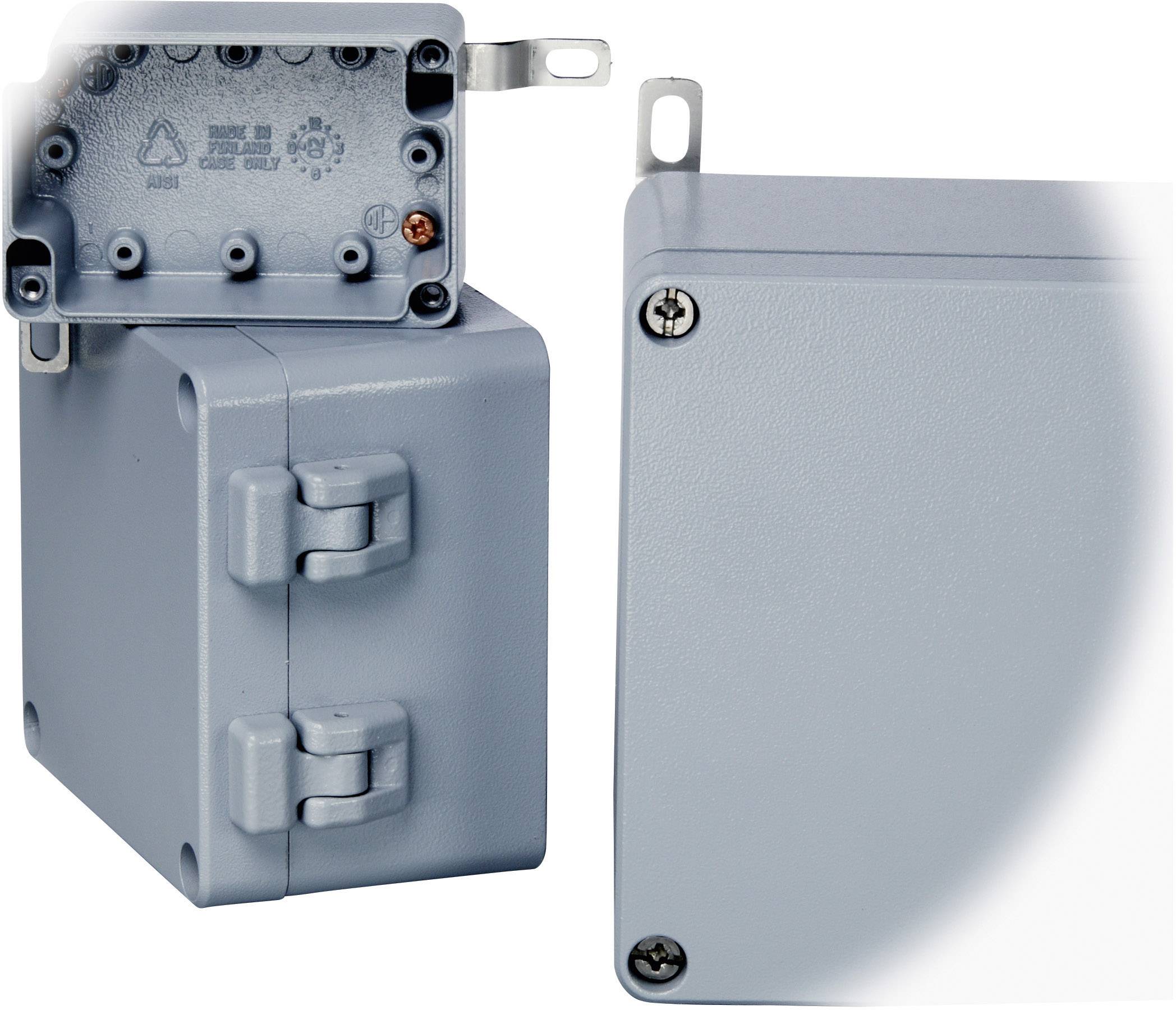 Zwei graue elektrische Gehäuse, eines mit abnehmbarer Abdeckung, zeigen Schrauben und Scharniere für die Befestigung an Oberflächen.