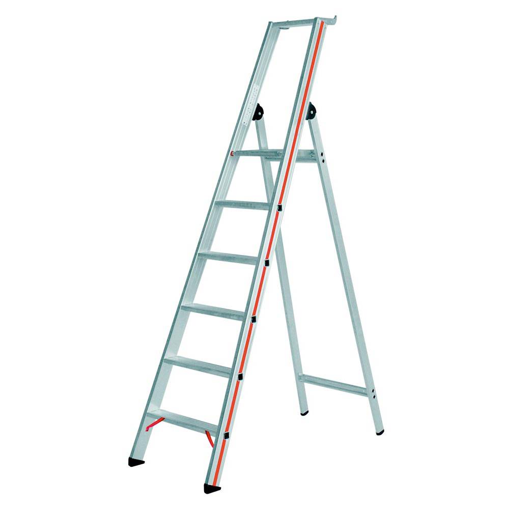 Stufen-Stehleiter mit Sicherheitsbrücke, einseitig, Ablageschale und Einhängemög