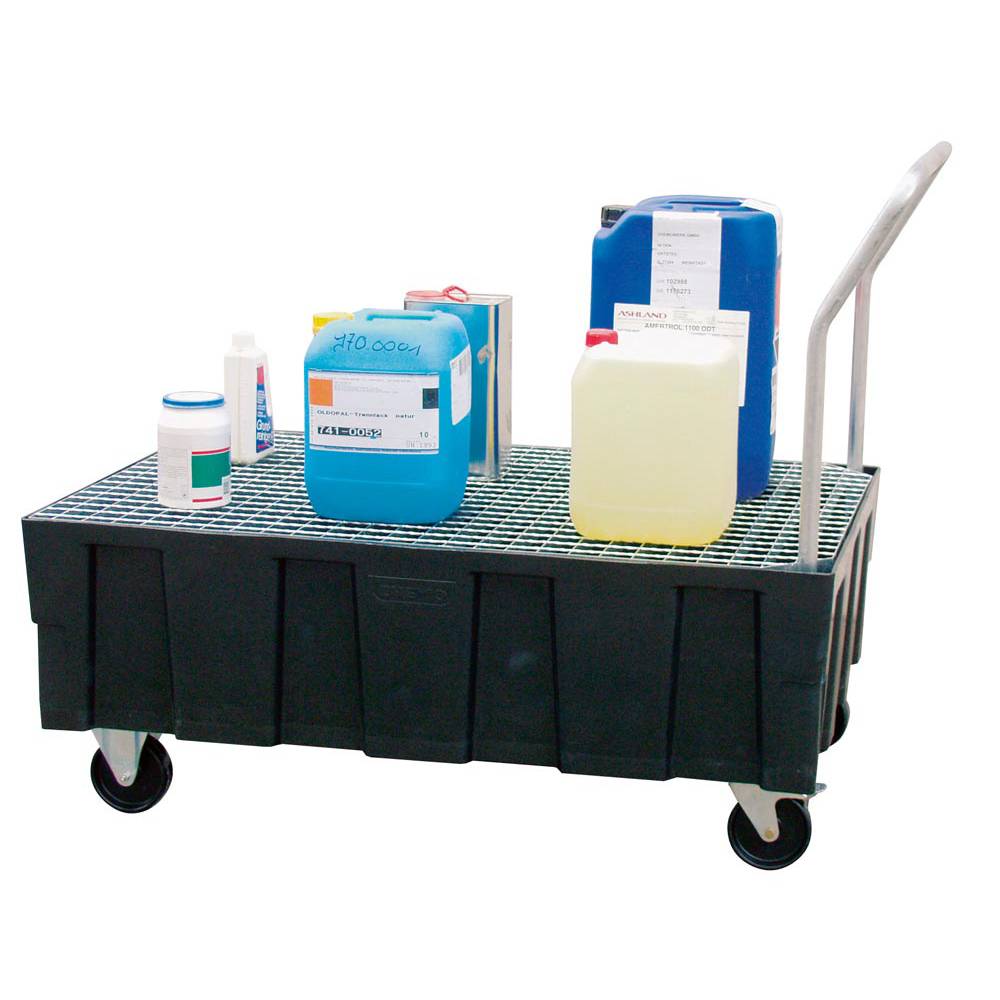 Polyethylen-Auffangwanne mit 2 Lenk- und 2 Bockrollen, mit verzinktem Stahlgitte