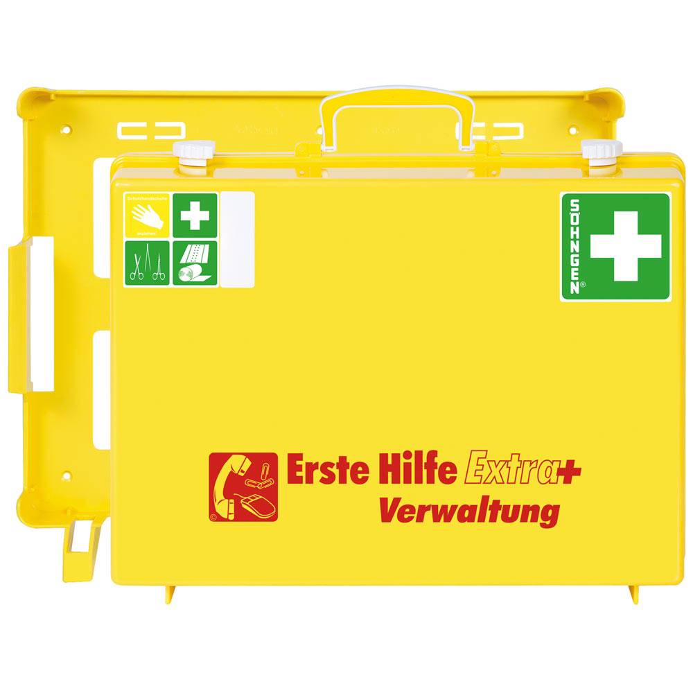 Betriebsverbandkasten Erste-Hilfe Extra+Verwaltung nach DIN 13157 leuchtgelb mit signalrot