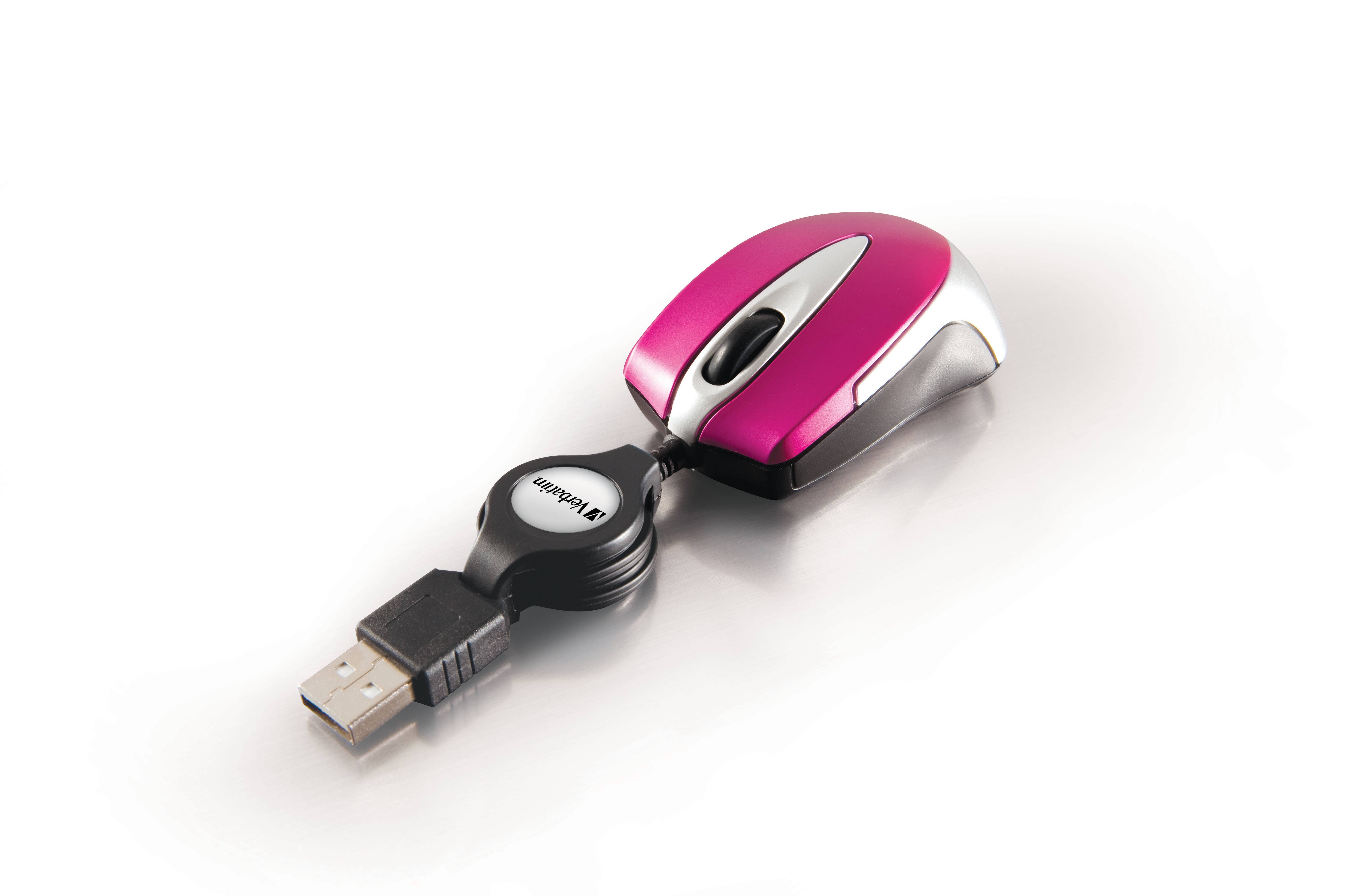 Verbatim Go Mini Maus USB Optisch Pink 3 Tasten 1000 dpi mit Kabelroller