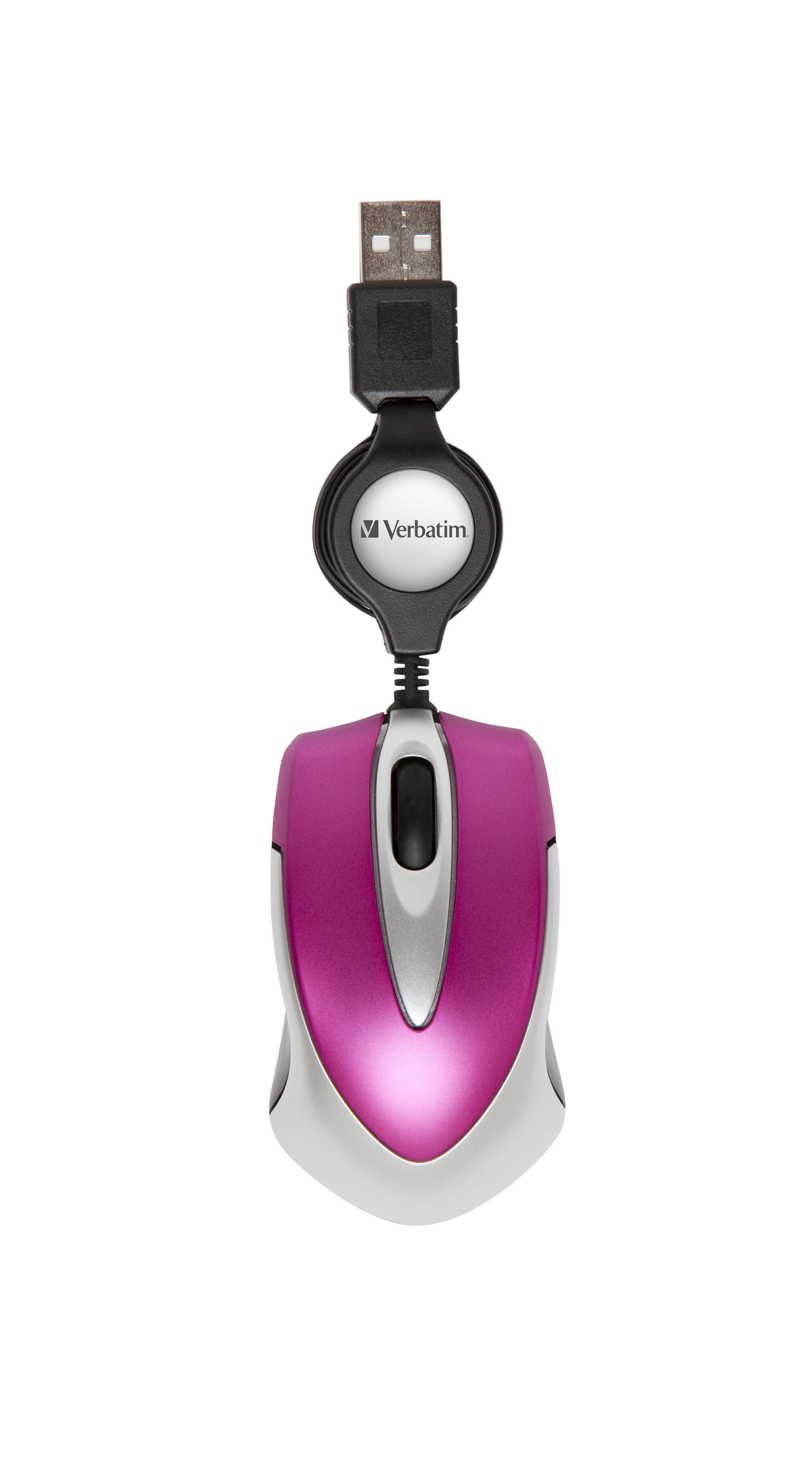 Verbatim Go Mini Maus USB Optisch Pink 3 Tasten 1000 dpi mit Kabelroller