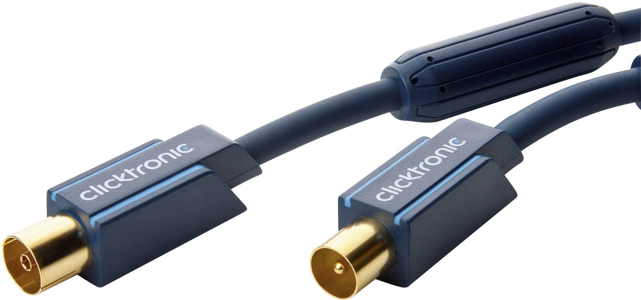 clicktronic Antennen Anschlusskabel [1x Antennenstecker 75 Ω - 1x Antennenbuchse 75 Ω] 15.00 m 95 dB vergoldete Steckkontakte, mit Ferritkern Blau