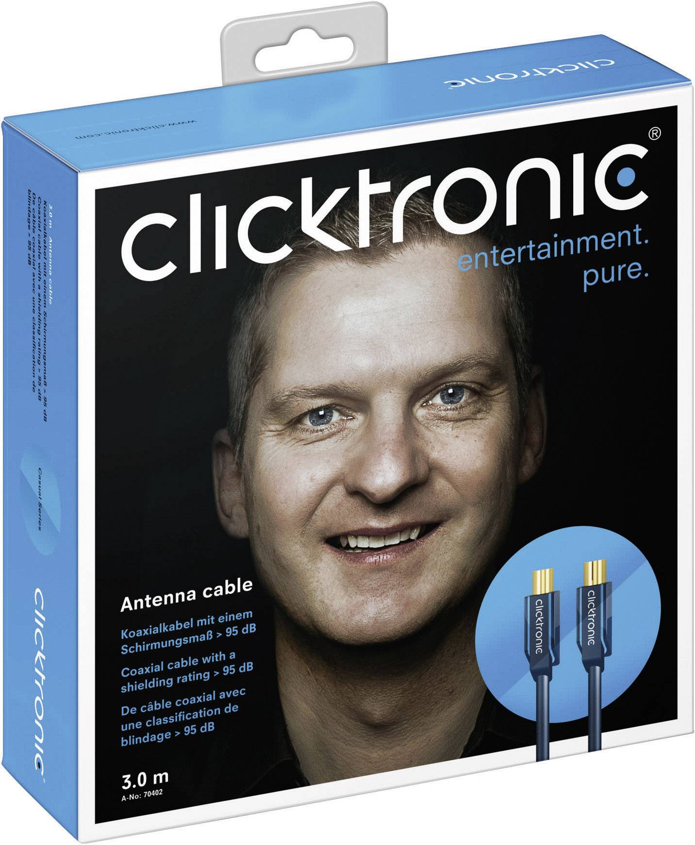 clicktronic Antennen Anschlusskabel [1x Antennenstecker 75 Ω - 1x Antennenbuchse 75 Ω] 20.00 m 95 dB vergoldete Steckkontakte, mit Ferritkern Blau