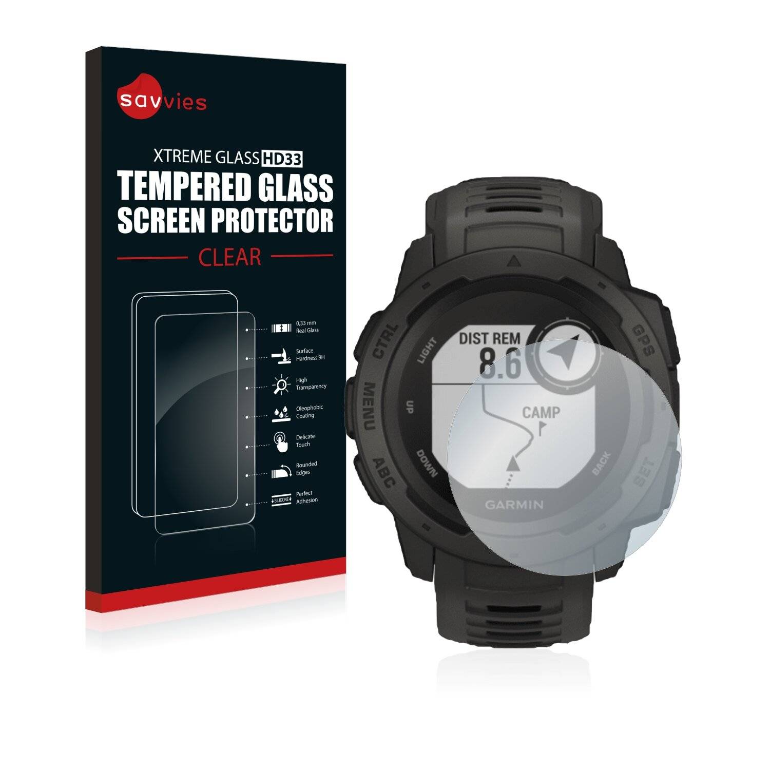 Savvies Schutzglas für Garmin Instinct Tactical Edition Echtglas 9H-Härte klar