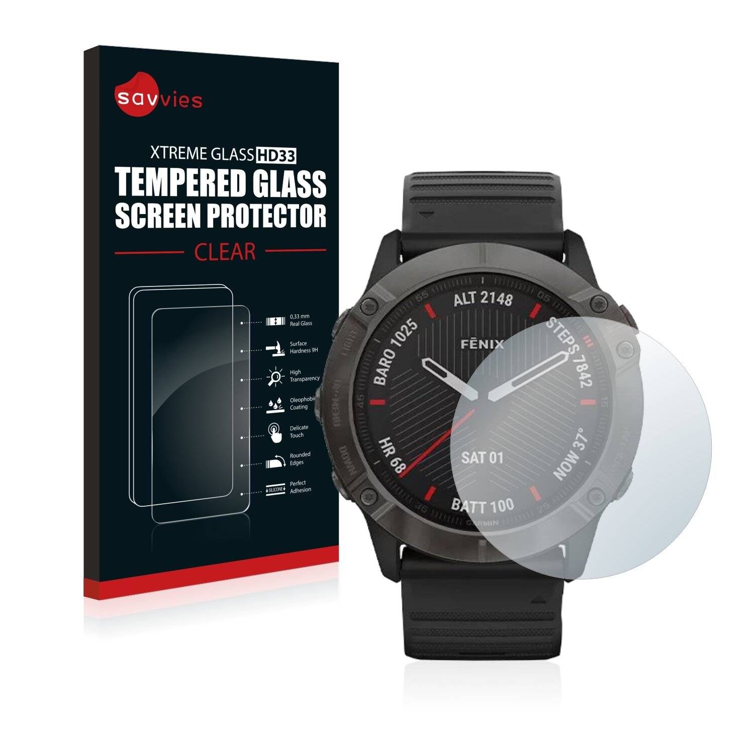Savvies Schutzglas für Garmin Fenix 6X Pro Echtglas 9H-Härte klar