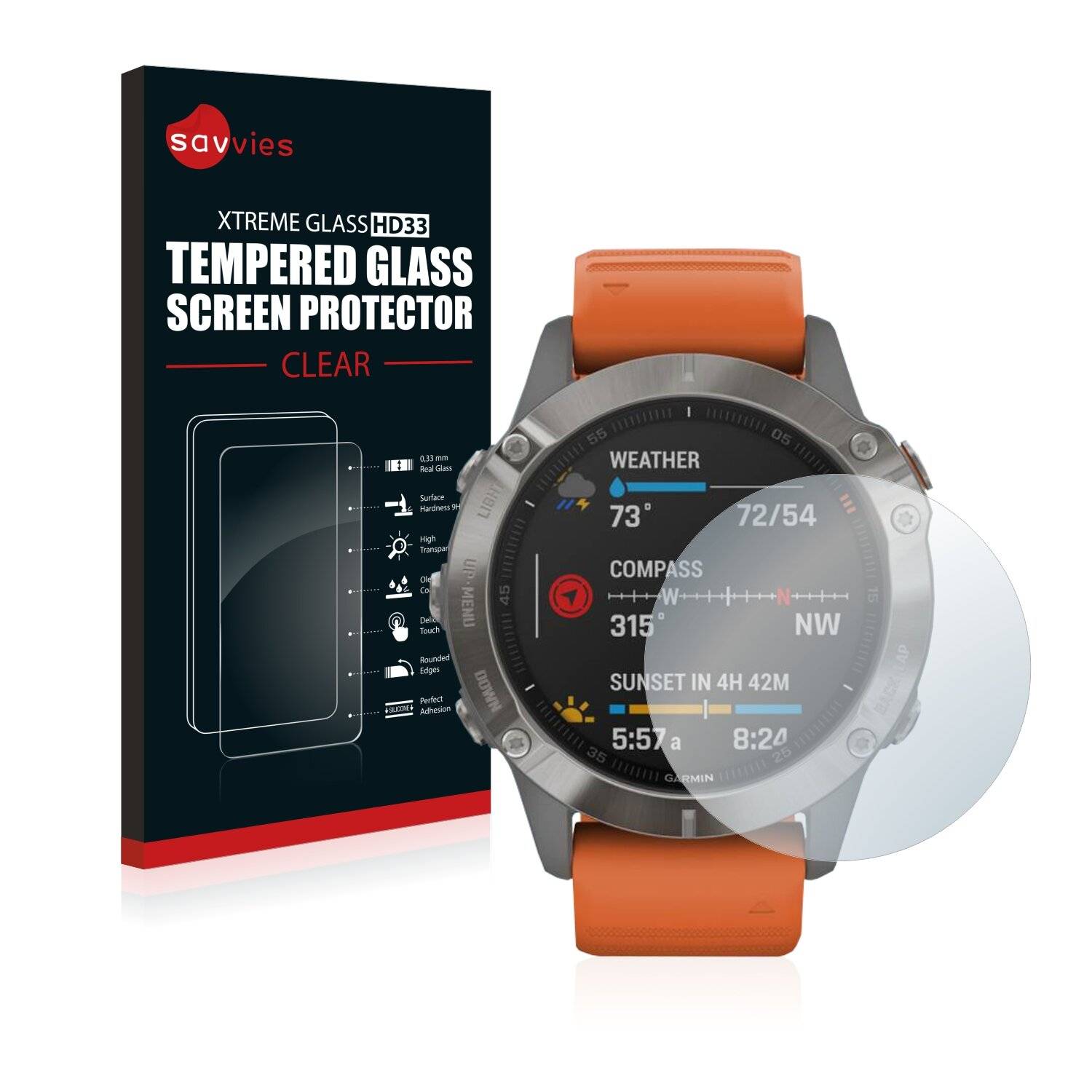 Savvies Schutzglas für Garmin Fenix 6 Echtglas 9H-Härte klar