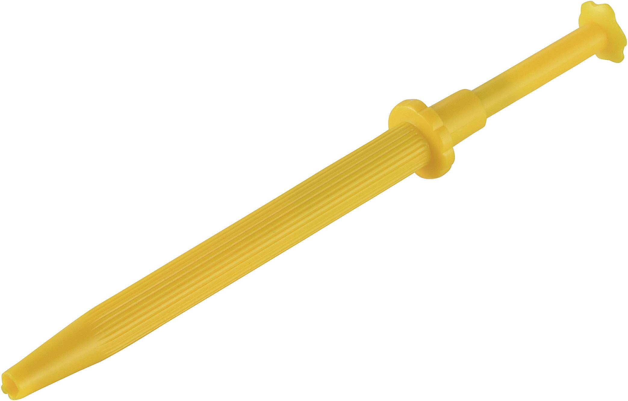 Gelber Plastik-Düngerstreuer mit geriffeltem Griff und spitzer Spitze, verwendet zum präzisen Ausbringen von Pflanzendünger.