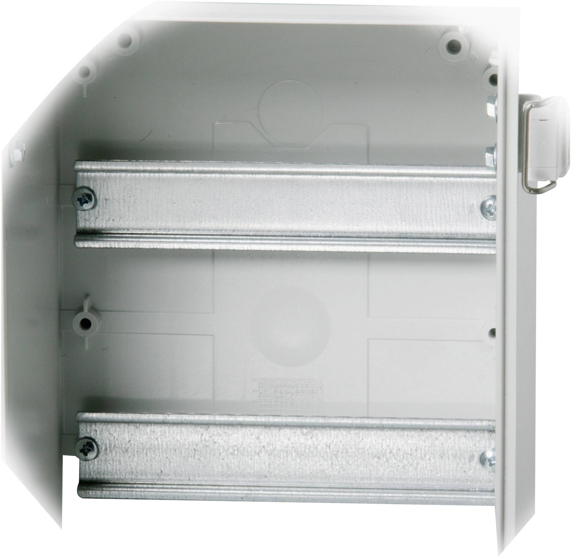 Ein offenes elektrisches Gehäuse mit zwei horizontalen Montageschienen im Inneren, geeignet für den Einbau von Geräten oder Schaltkreisen.