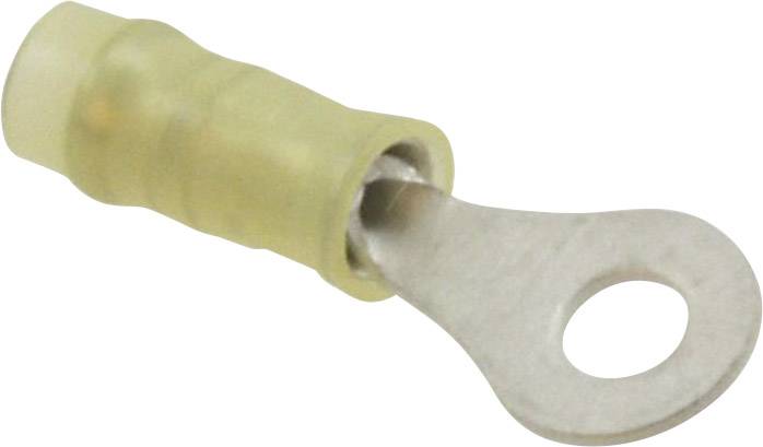 Gelber isolierter Kabelschuh mit offenem Metallring, geeignet für elektrische Verbindungen und sichere Kabelbefestigung.