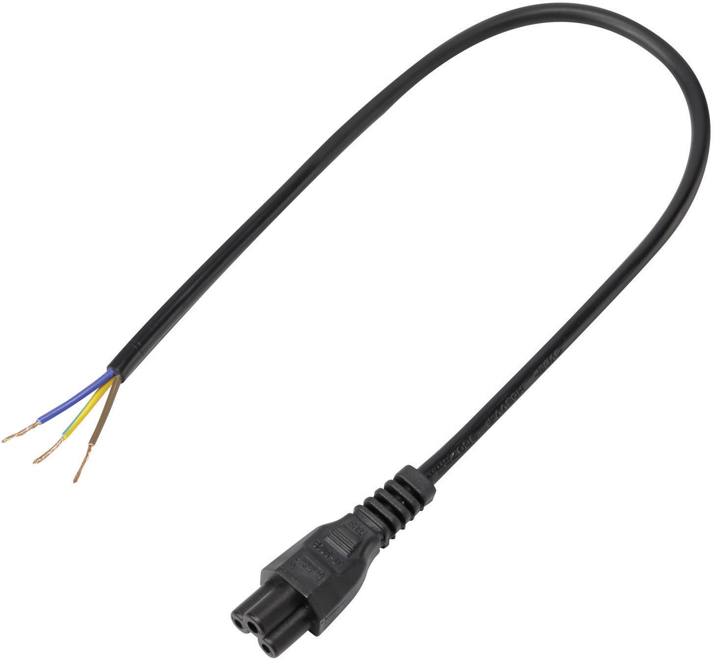 Schwarzes Netzkabel mit offenem Ende und Kleeblattanschluss, geeignet für Elektrogeräte.