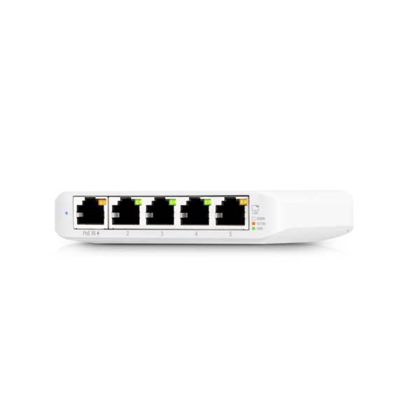 Ein weißer Netzwerk-Switch mit fünf Ethernet-Anschlüssen, nummeriert von 1 bis 5, und LEDs zur Statusanzeige.