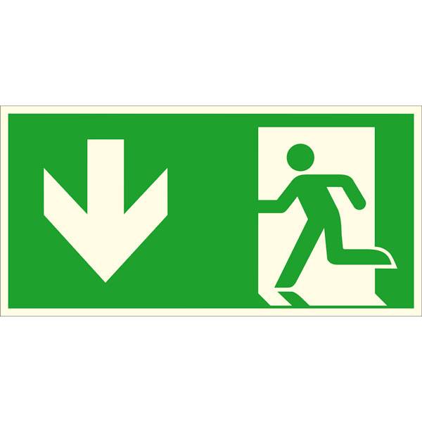 Fluchtwegschild links, langnachleuchtend, Kunststoff, abwärts, 30 x 15 cm DIN ISO 7010 E001