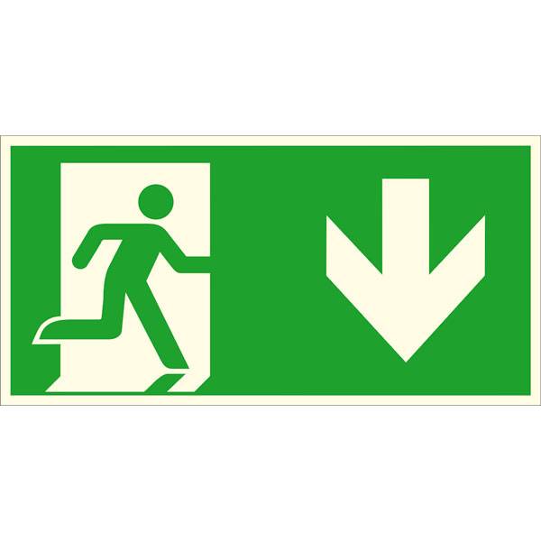 Fluchtwegschild rechts, langnachleuchtend, Kunststoff, abwärts, 30 x 15 cm DIN ISO 7010 E002