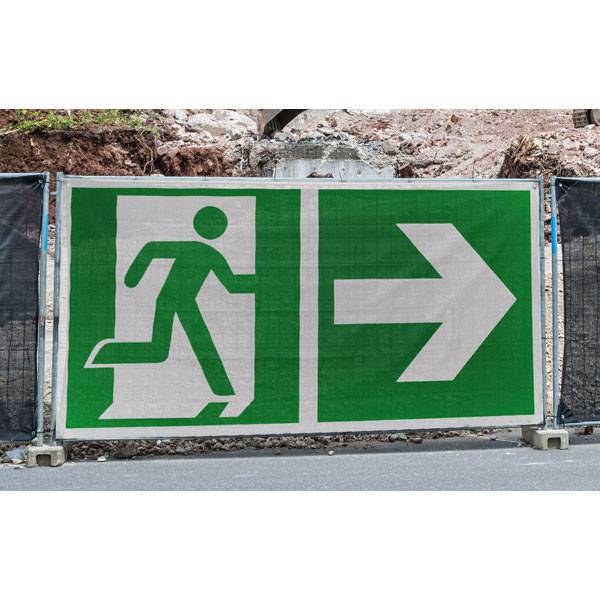 Rettungsweg rechts Rettungsschild, MESH-Gewebe, 340 x 173 cm DIN EN ISO 7010 E001