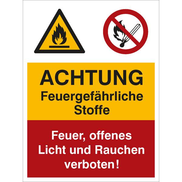 Achtung Feuergefährliche Stoffe Kombischild , Kunststoff, 30x40 cm DIN EN ISO 7010 W021+P002