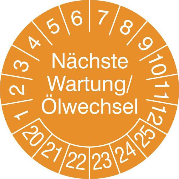 Prüfplaketten-Nächste Wartung/Ölwechsel in Jahresfarbe, 40 Stück/Bogen, 1,5cm Version:Prüfplakette - Wartung / Ölwechsel