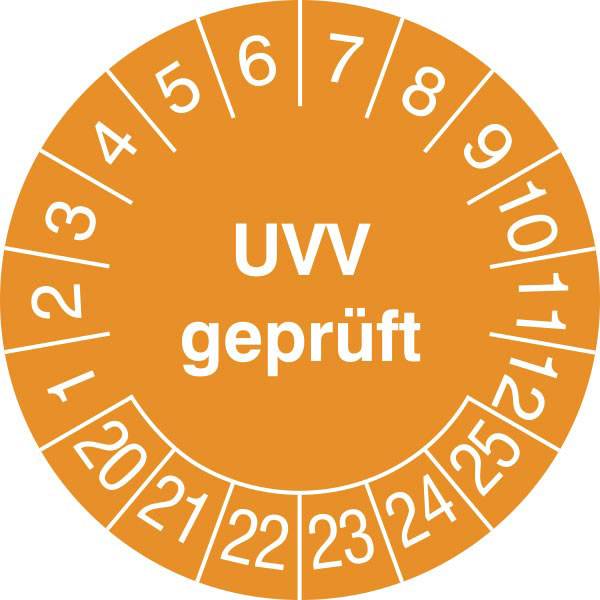Prüfplaketten - UVV geprüft in Jahresfarbe, 28 Stück/Bogen, selbstklebend, 2,0 cm Version: Prüfplakette - UVV geprüft