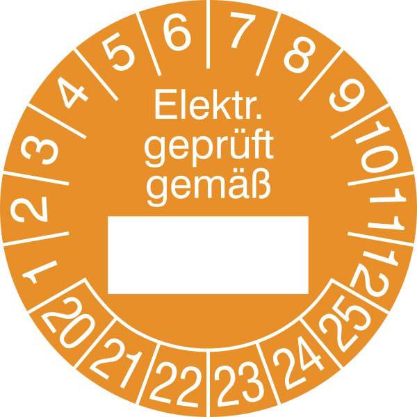 Prüfplaketten Elektr. geprüft gemäß..., in Jahresfarbe,15 Stk/Bogen, selbstkl., 2,5cm Version: Elektr. Geprüft