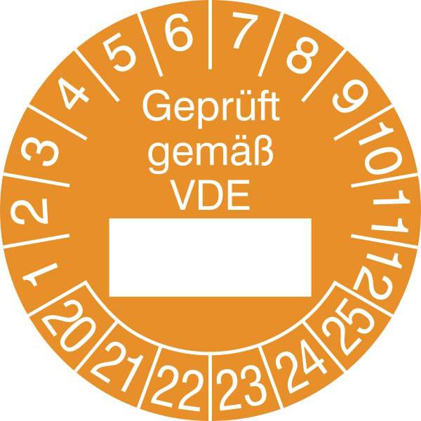 Prüfplaketten - Geprüft gemäß VDE, in Jahresfarbe,15 Stk/Bogen,selbstklebend, 2,5cm Version: Geprüft gemäß VDE