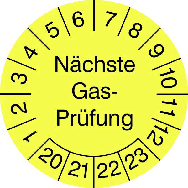 Prüfplaketten Nächste Gas-Prüfung, gelb/schwarz, 15 Stk/Bogen, selbstkleb., 3 cm Version: Nächste Gasprüfung 24-27