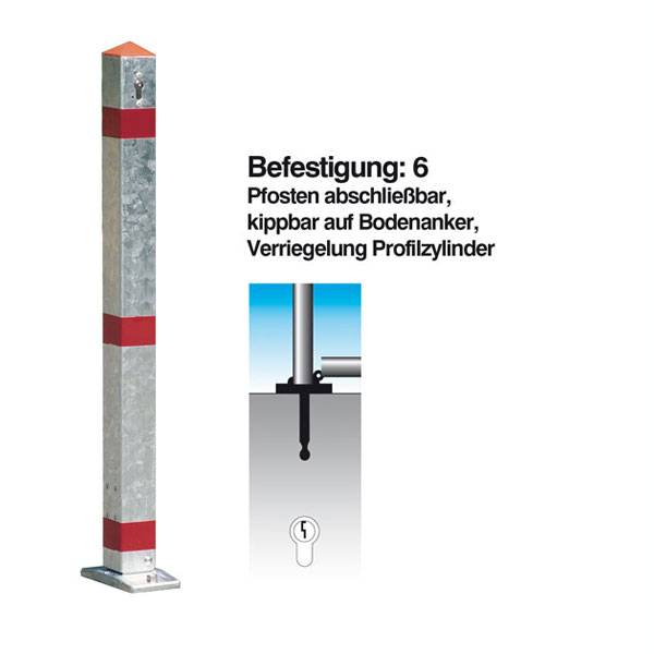 Funktionssperrpfosten Aluminium, kippbar auf Bodenanker, Profilzylinder, 70x70mm