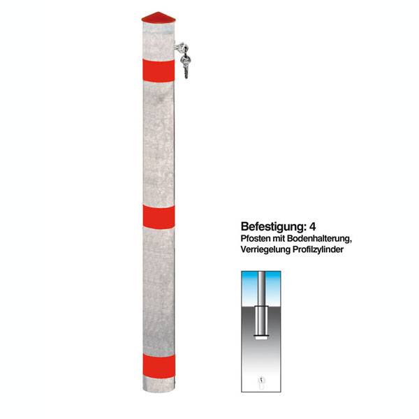 Absperrpfosten Funktionssperrpfosten Aluminium, mit Bodenhalterung, Profilzylinder, Durchm. 76mm