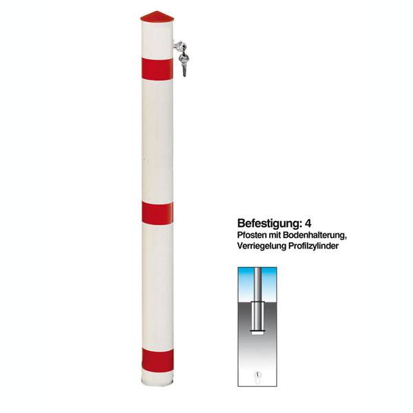 Absperrpfosten Funktionssperrpfosten Alu weiß, mit Bodenhalterung, Profilzylinder, Durchm. 76mm