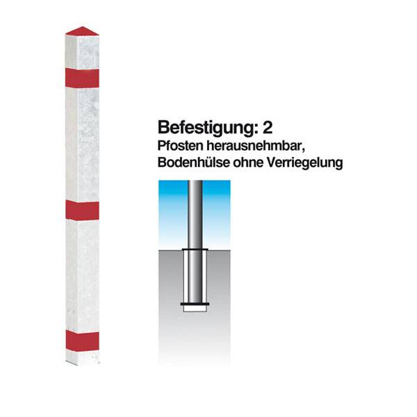 Funktionssperrpfosten Aluminium, mit Bodenhülse, rot/weiß, quadratisch 70x70mm