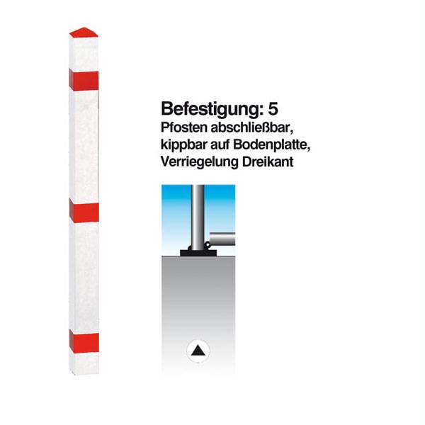 Absperrpfosten aus Stahl weiß, kippbar auf Bodenplatte, DK, 70 x 70 mm
