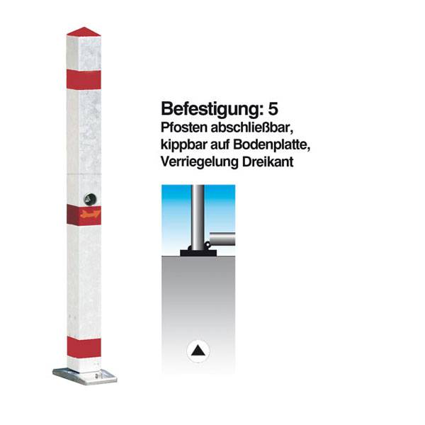 Absperrpfosten aus Alu weiß, DK, kippbar auf Bodenplatte, 70 x 70 mm