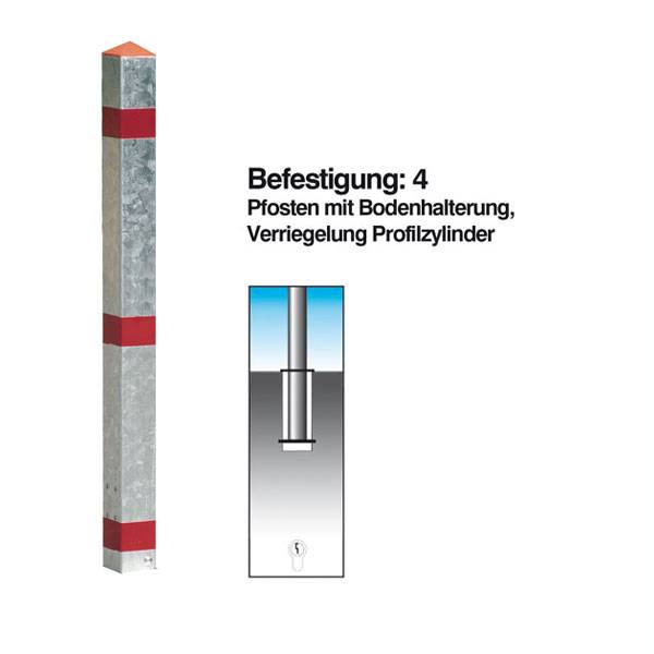 Absperrpfosten aus Aluminium, mit Bodenhalterung, Profilzylinder, 70x70mm