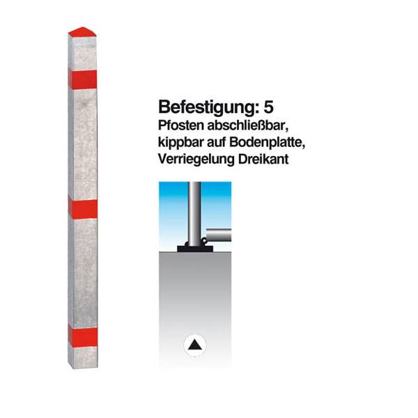 Absperrpfosten aus Stahl, kippbar auf Bodenplatte, Dreikantschloss, 70x70mm