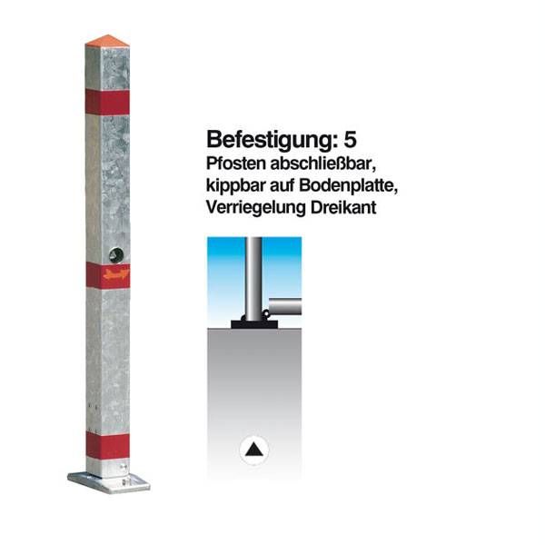 Absperrpfosten Aluminium, kippbar auf Bodenplatte, Dreikantschloss, 70x70mm