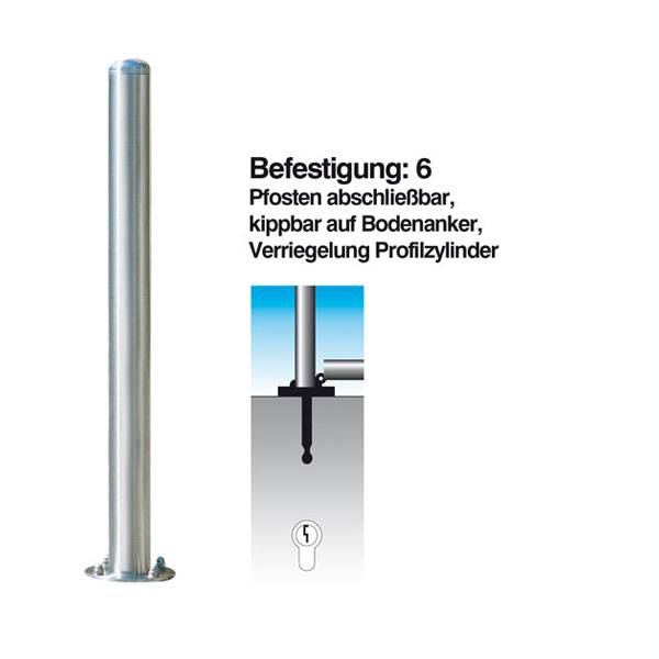Absperrpfosten Edelstahl, kippbar auf Bodenanker, Rundkopf, Durchm. 76mm