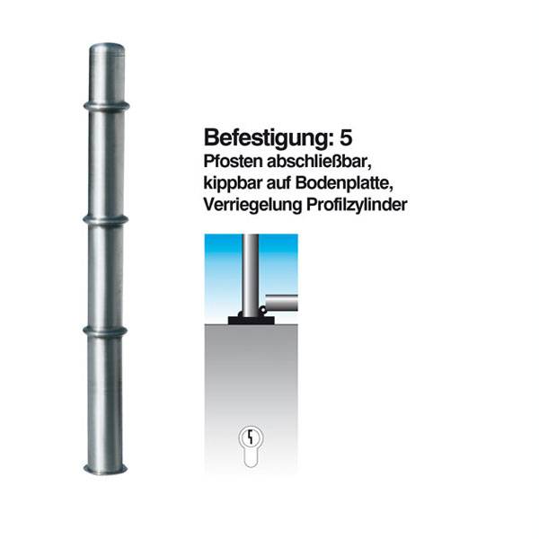 Absperrpfosten Edelstahl, kippbar auf Bodenplatte, Rundkopf, Schmuckausführung