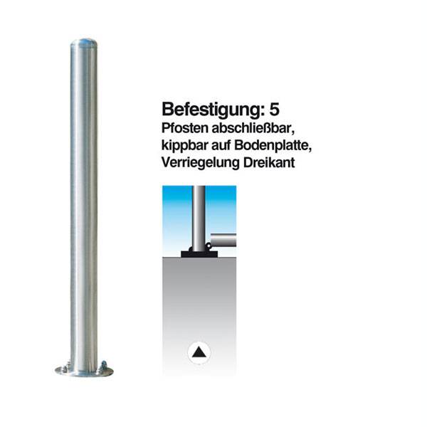 Absperrpfosten Edelstahl, Rundkopf, kippbar auf Bodenplatte, DK, Durchm. 76 mm