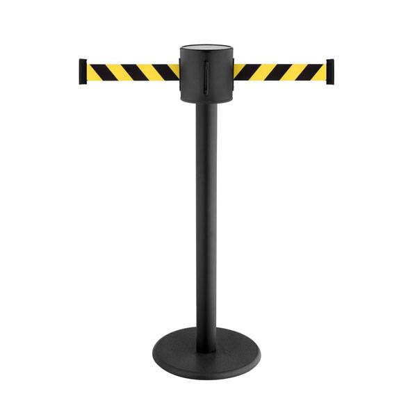 Absperrpfosten schwarz, 1 m, 2 ausziehbare Gurtbänder, 2 x 4 m, schwarz/gelb