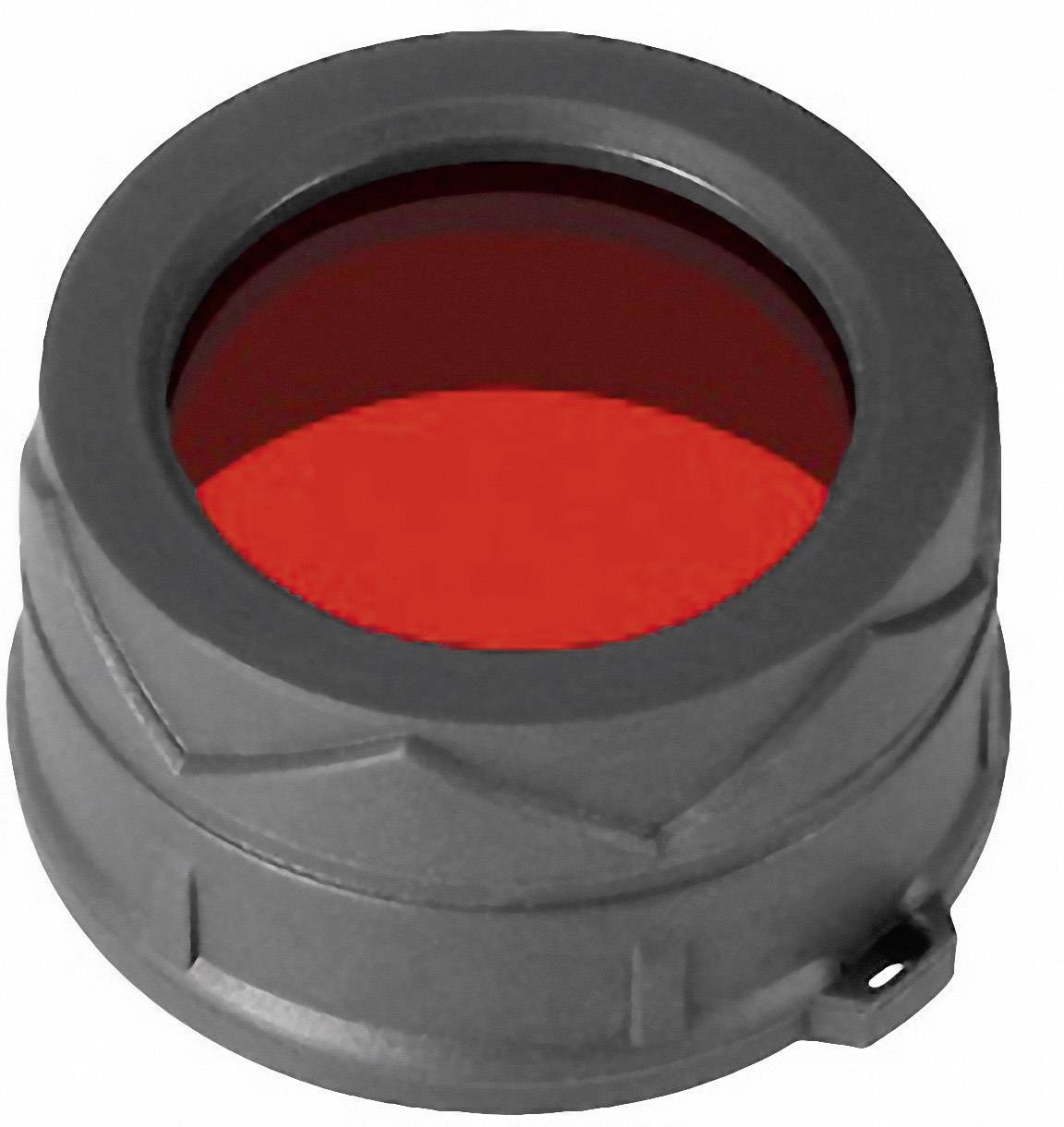 Ein kreisförmiger, grauer Filter mit rotem Glas in der Mitte, das Licht oder Farben verändert. Geeignet für technische Anwendungen.