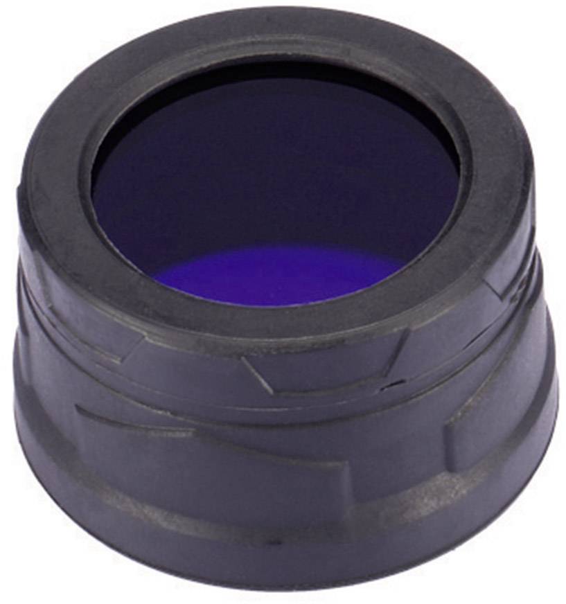 Ein schwarzer zylindrischer Adapter mit einem blauen Filter in der Mitte, wahrscheinlich für optische Geräte oder Kameralinsen.