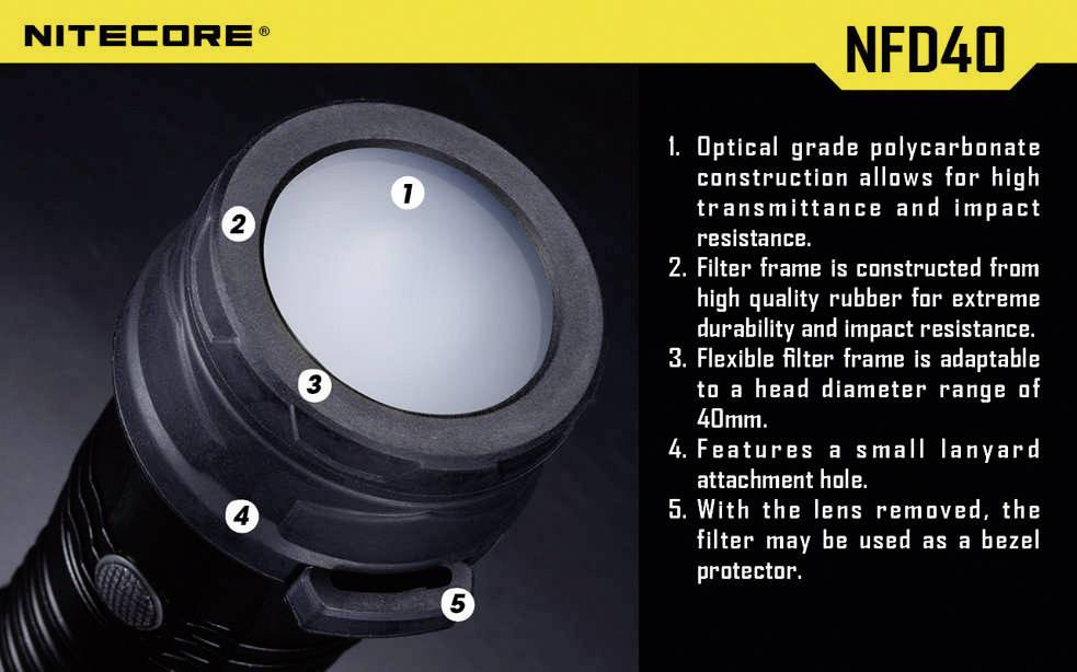 NiteCore NITNFD40 Diffusor MH25, EA4, P25, P16, P15, SRT7, CR6, CG6, CB6, CI6, CU6 und Taschenlampen mit einen Ø 39 - 42mm