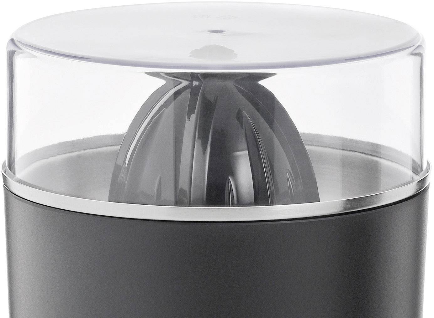 Eine elektrische Zitruspresse in Schwarz mit transparentem Deckel, sichtbar ist der Presskegel innen. Geeignet zum Entsaften von Zitrusfrüchten.