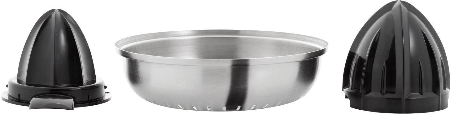 Drei Teile eines Entsafters: zwei schwarze Kegel und eine Metallschüssel in der Mitte. Geeignet zum Auspressen von Zitrusfrüchten.