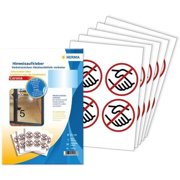 Hinweisaufkleber: Verbotszeichen Kein Händeschütteln, Ø 10 cm, selbstklebend, wetterfest, ablösbar