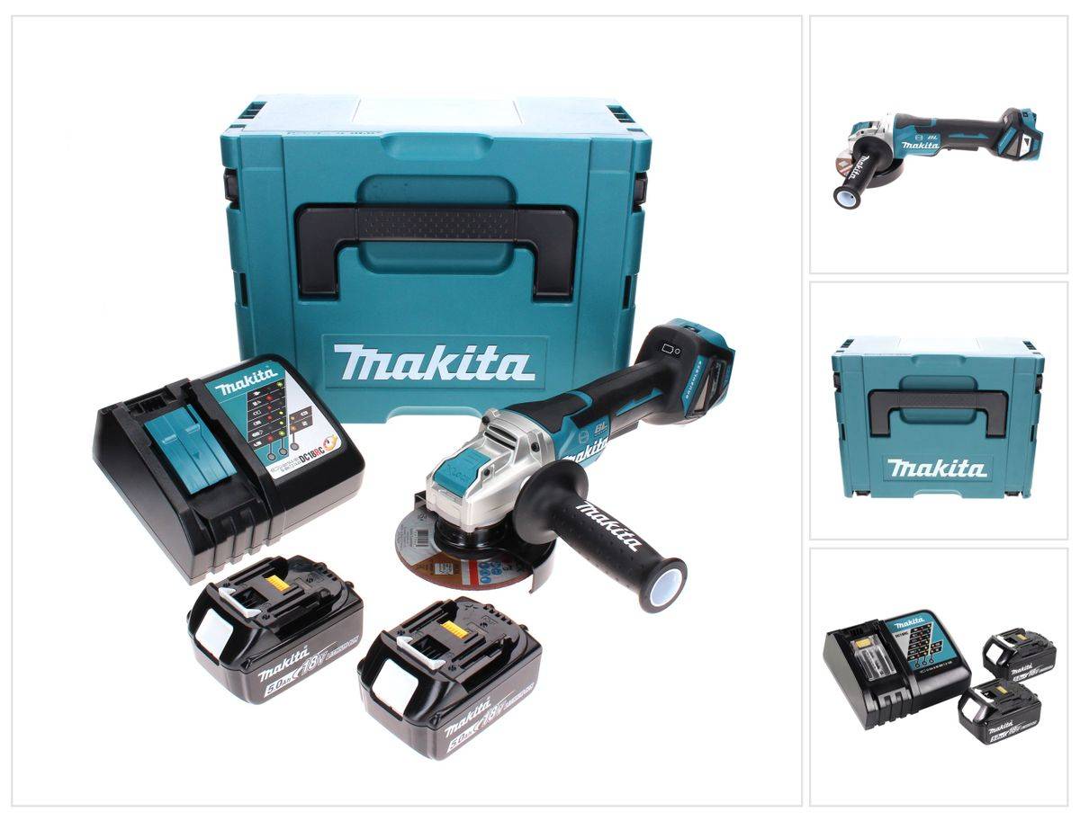 Makita DGA 519 RTJ Akku Winkelschleifer 18 V 125 mm Brushless X-Lock + 2x Akku 5,0 Ah + Ladegerät + Makpac